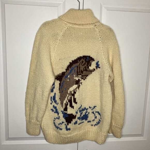 Vintage Cowichan Sweater Mens Trout Fly Fishing Creel Angler Lebowski Wool Zip - Picture 3 of 6